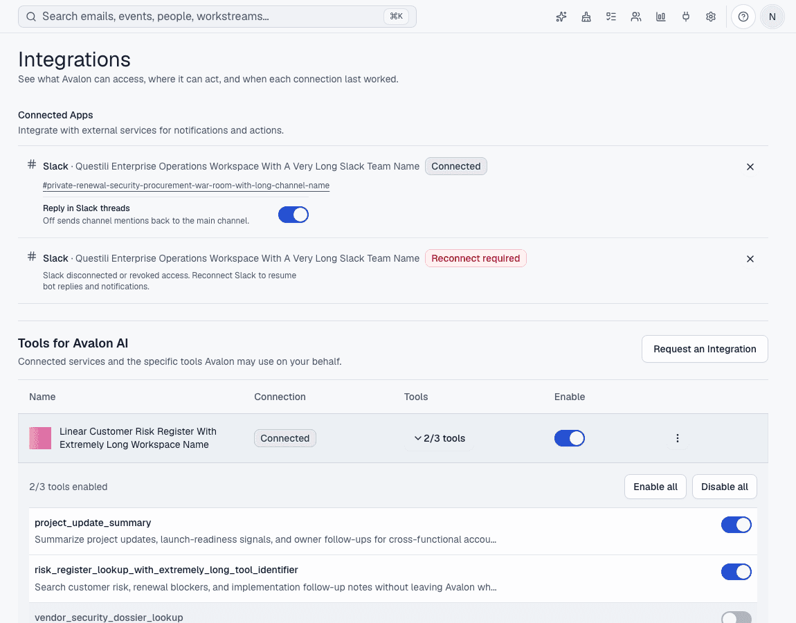 Avalon's integrations workspace showing connected services and the individual tools enabled for Avalon AI.